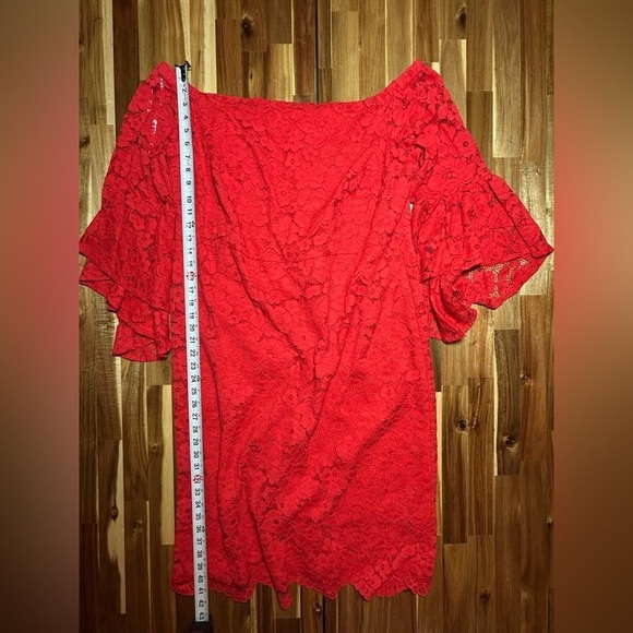Eloquii Red Lace Fitted Shift Dress Off the Shoulder Bell Flare Sleeves Size 18 - Picture 4 of 9